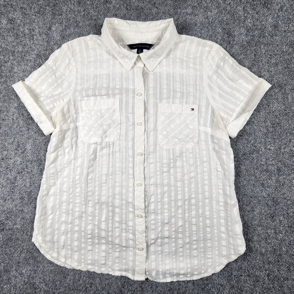 Tommy Hilfiger Womens White Seersucker Short Sleeve Button Down Shirt Large
